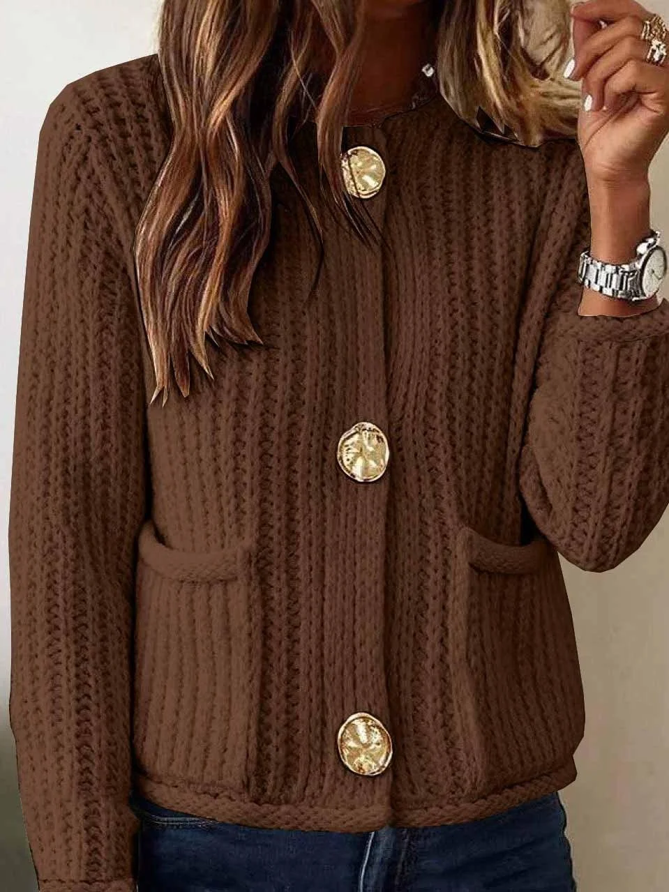 Loose Crew Neck Plain Vintage Cardigan