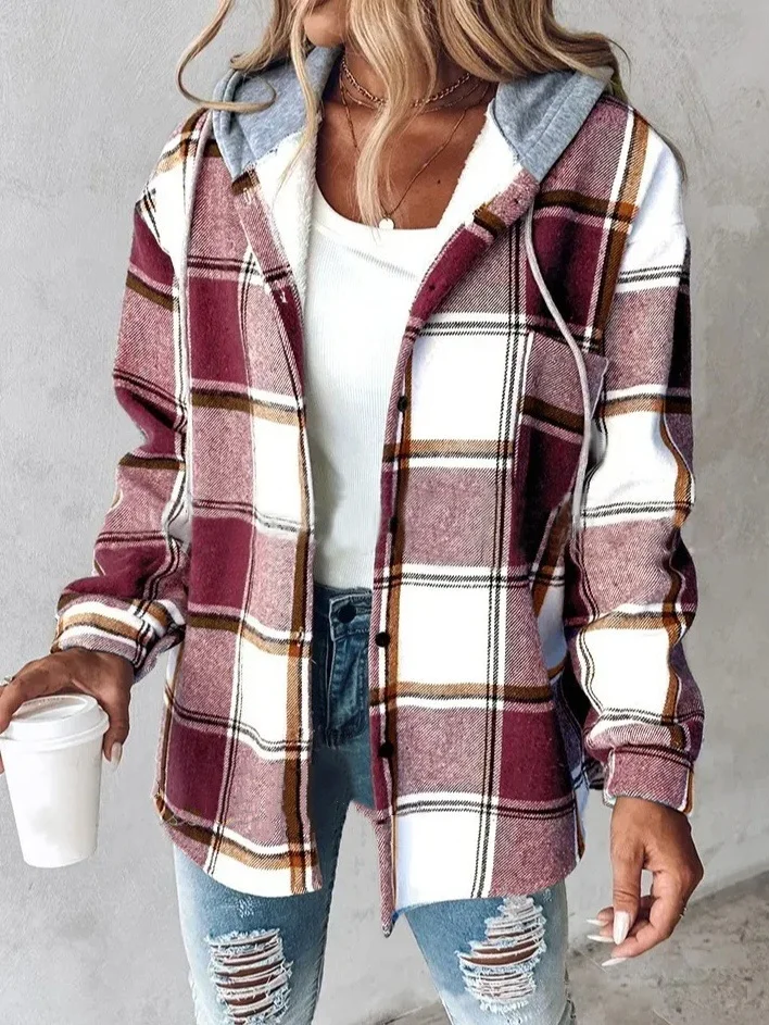 Urban Split Joint Color Block Women's Faux Wool Plaid Striped Jacket