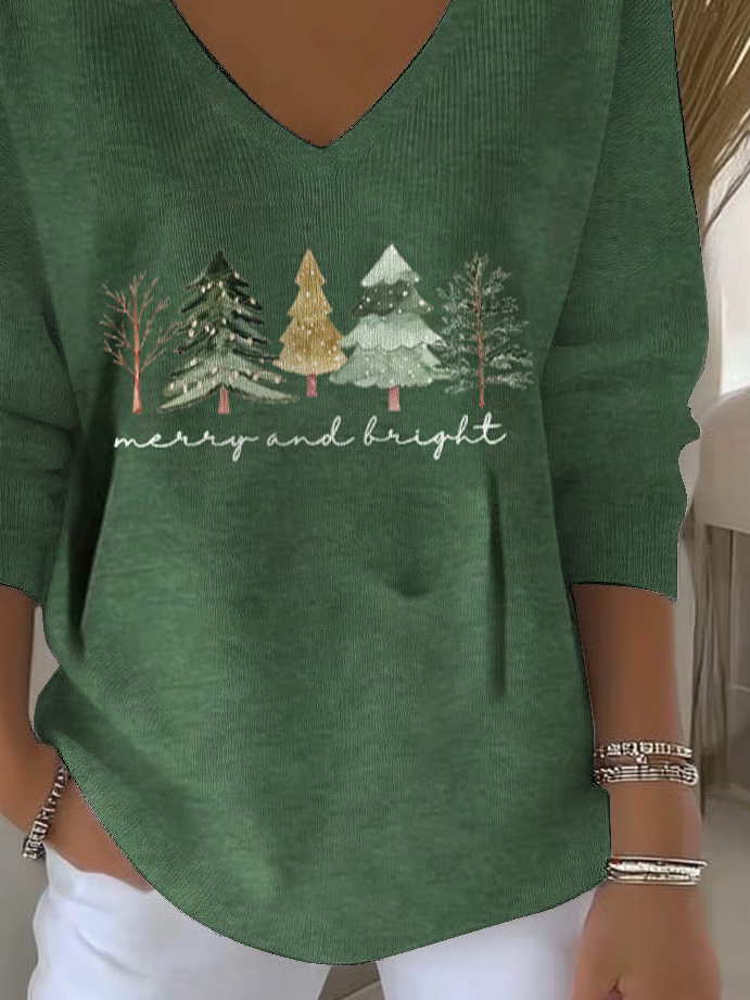 Women's Long Sleeve T-shirt Spring/Fall Green Christmas Printing V Neck Daily Going Out Casual Top
