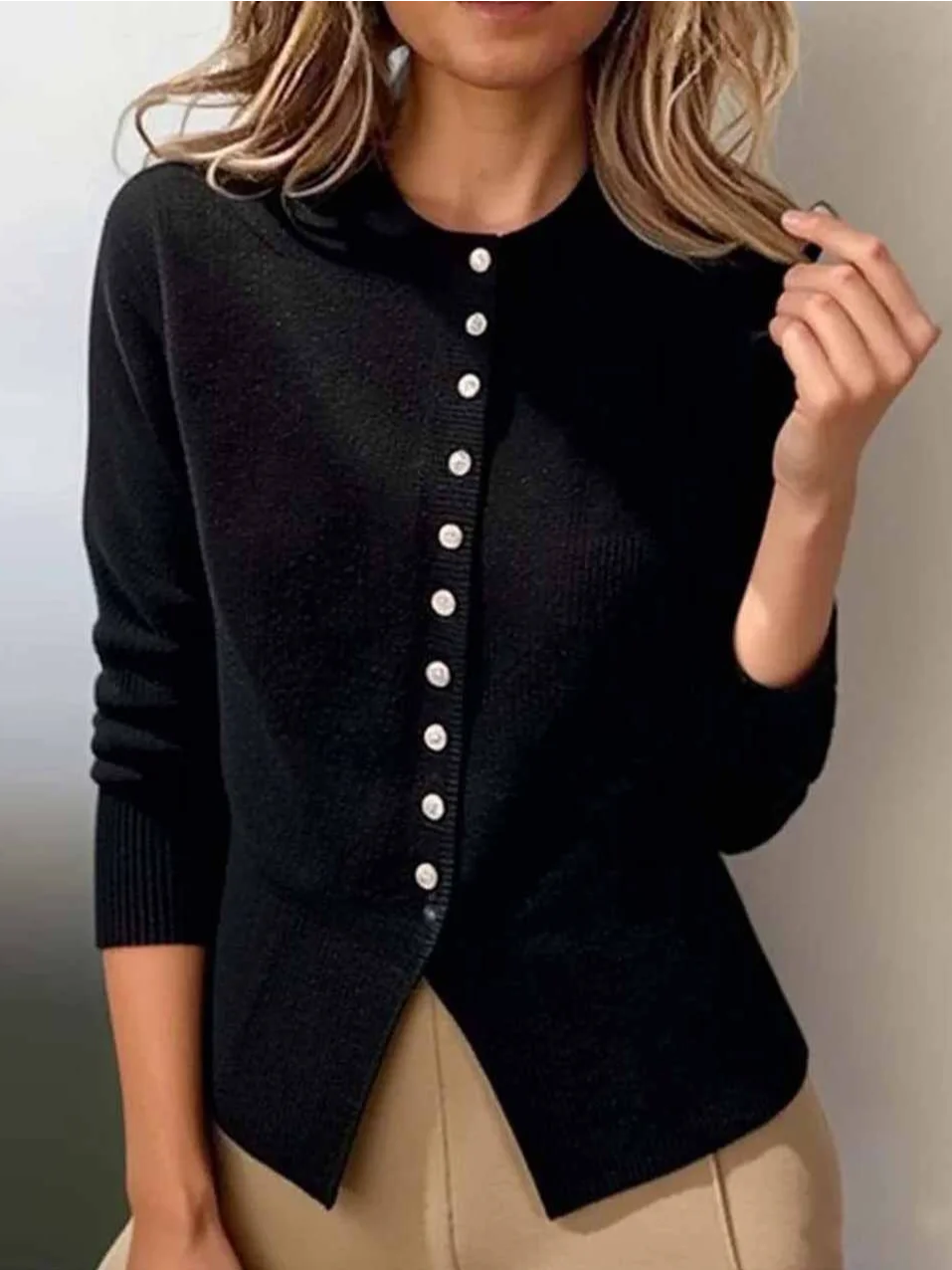 Crew Neck Simple Plain Regular Fit Cardigan