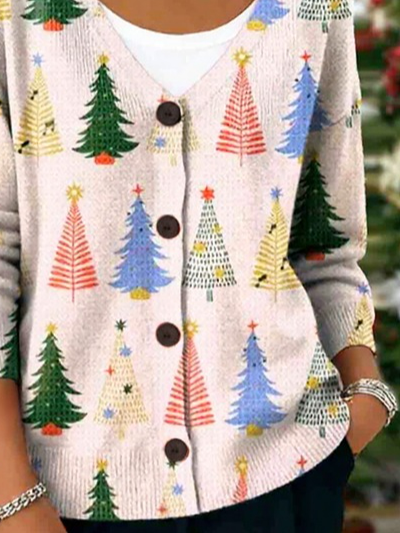 Women's Christmas Tree Printed Casual Long Sleeve V-Neck Knitted Button Cardigan