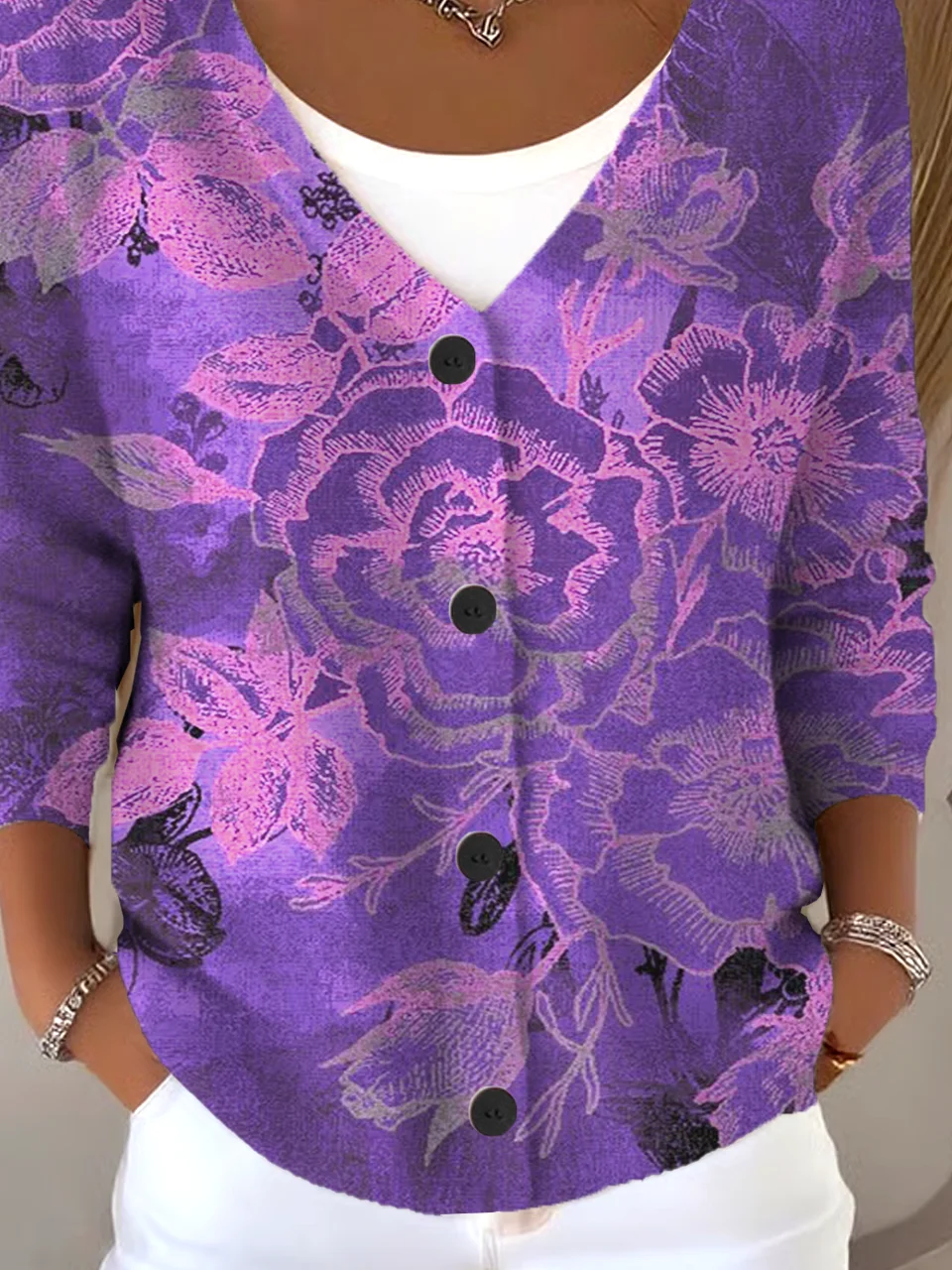 Loose Floral Casual V Neck Cardigan