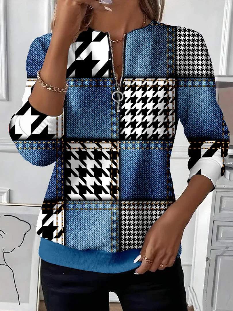 Women's Houndstooth Faux Denim Print Casual Zipper Long Sleeve Sweatshirt