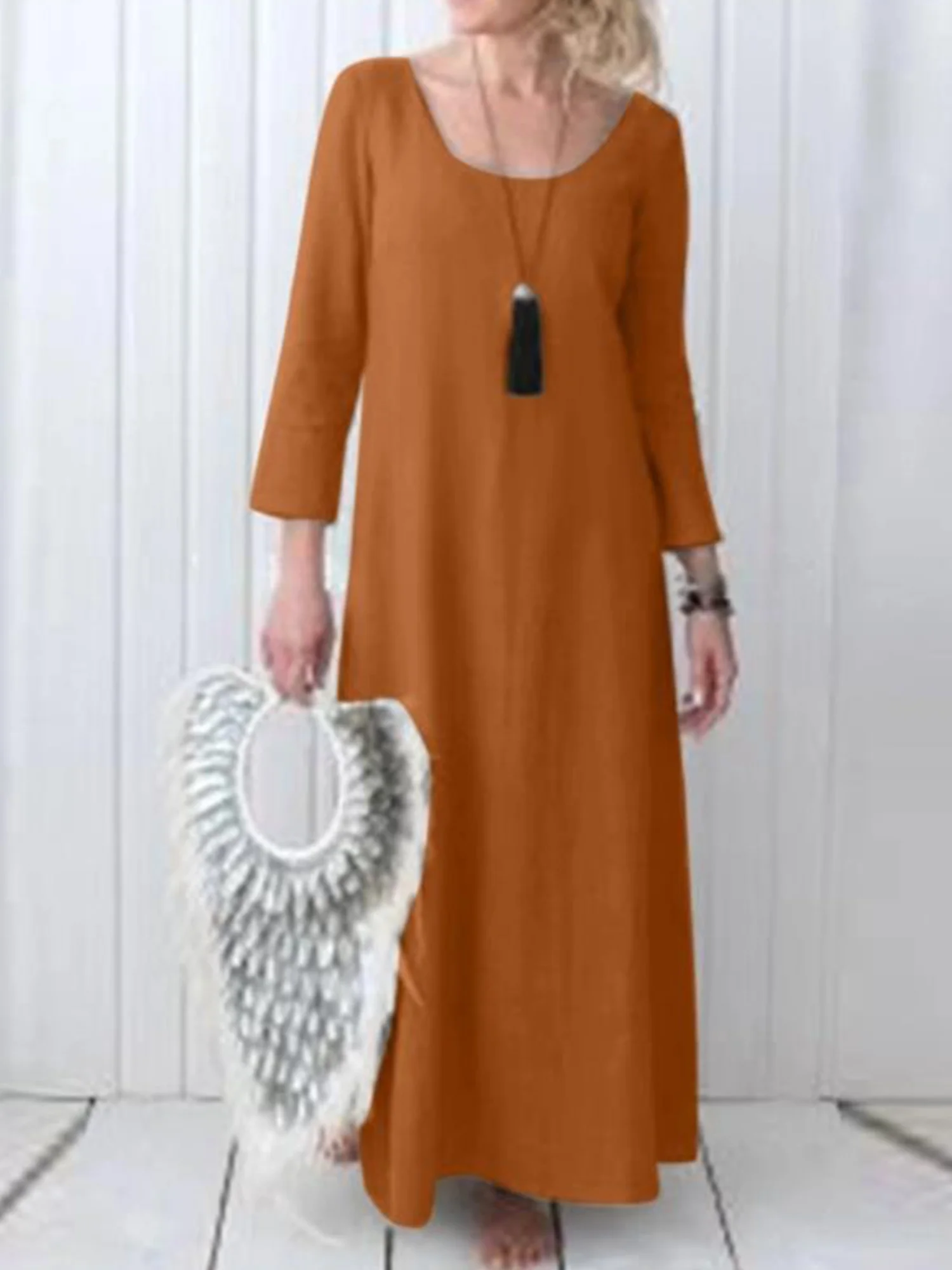Casual Plain Crew Neck Maxi Dress