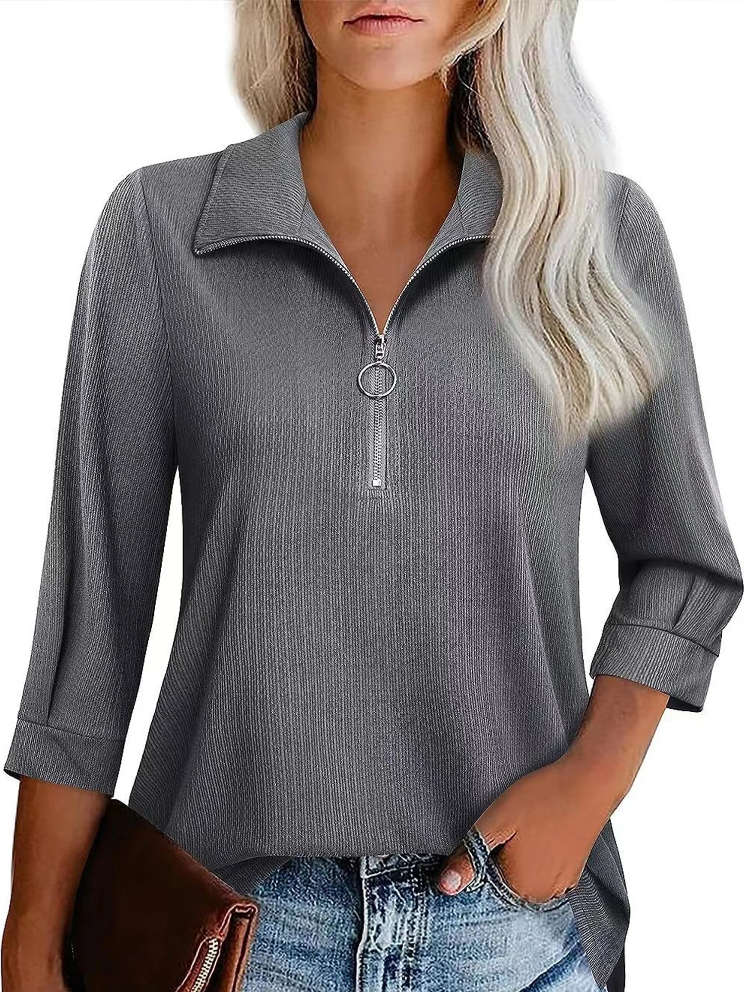 Casual Plain Zipper Polo Collar Blouse