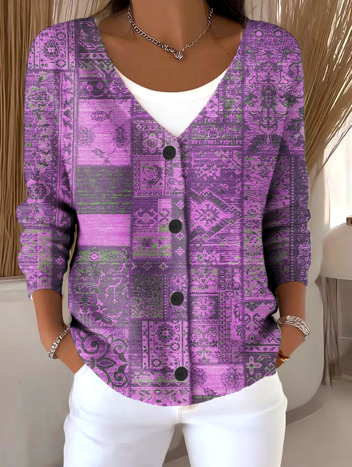 V Neck Multicolor Block Vintage Loose Cardigan