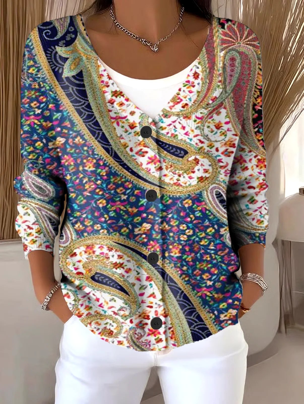 Casual V Neck Ethnic Geometry Cardigan