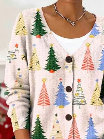 Women's Christmas Tree Printed Casual Long Sleeve V-Neck Knitted Button Cardigan