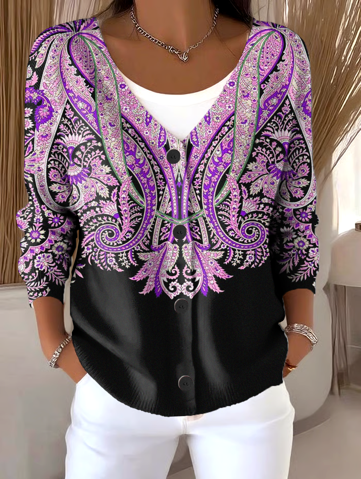 Ethnic V Neck Casual Cardigan