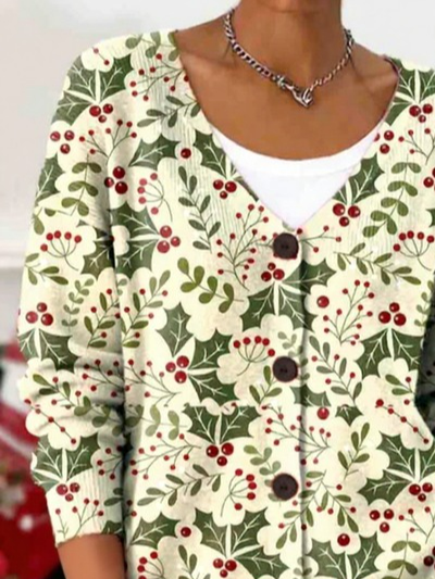 Women's Christmas Floral Print Casual Long Sleeve V-Neck Knitted Button Cardigan