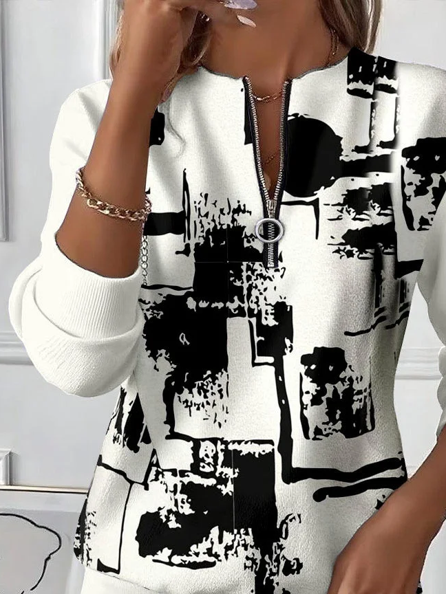 Women's Abstract Print Casual Zip-Up Long Sleeve Sweatshirt