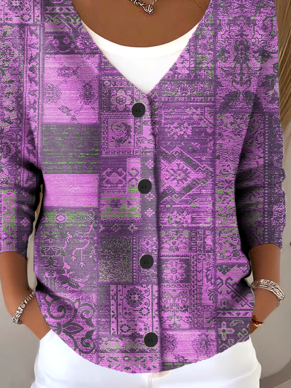 V Neck Multicolor Block Vintage Loose Cardigan