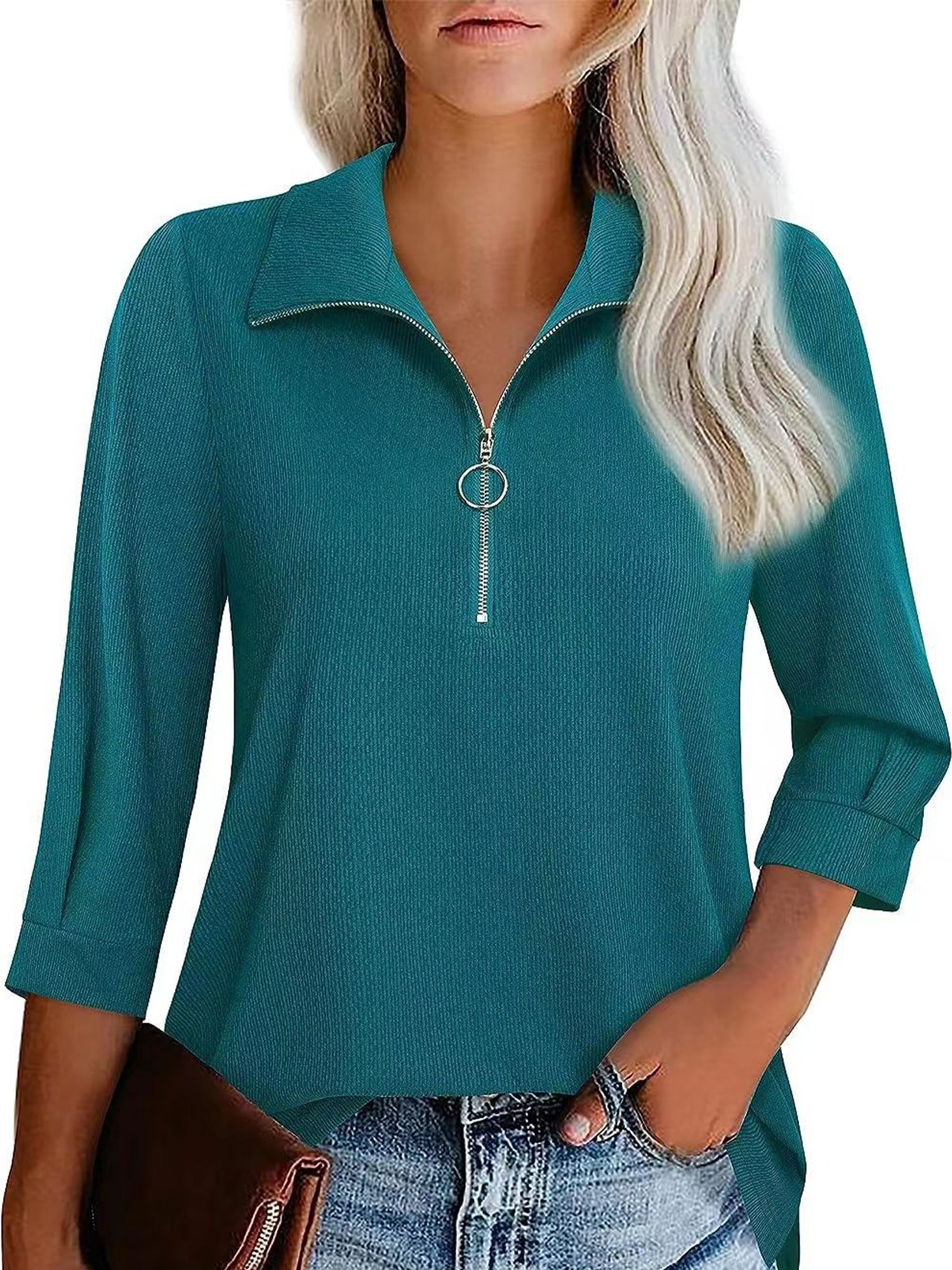 Casual Plain Zipper Polo Collar Blouse