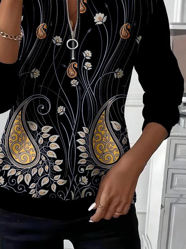 Women's Floral Print Casual Zip-Up Long Sleeve Sweatshirt