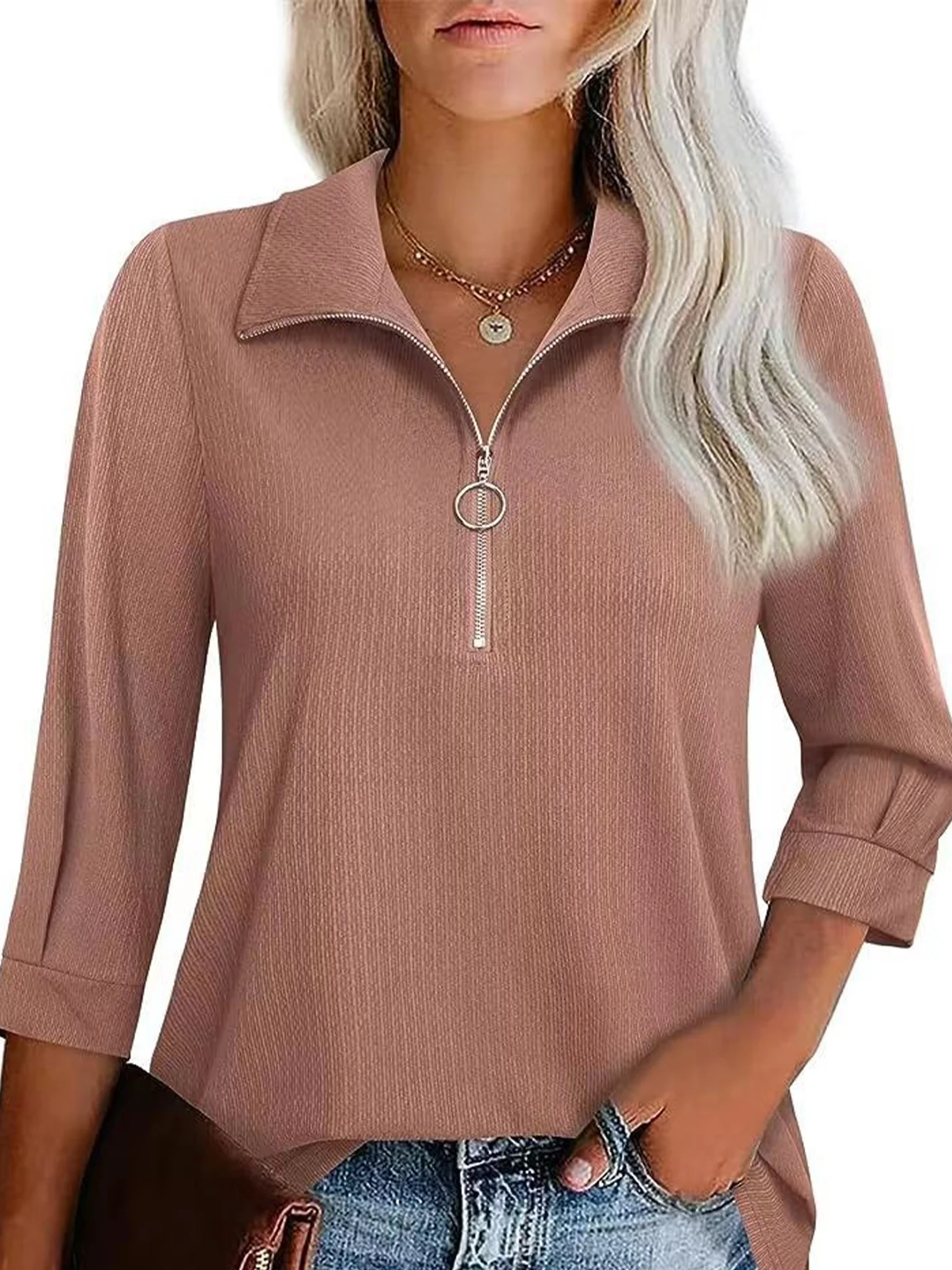 Casual Plain Zipper Polo Collar Blouse