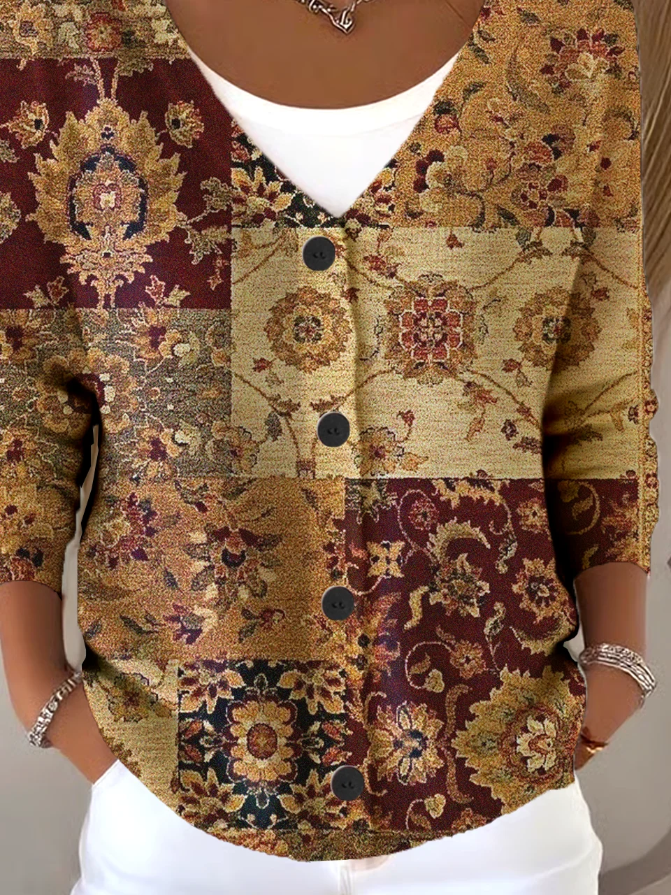 Casual V Neck Loose Geometric Cardigan