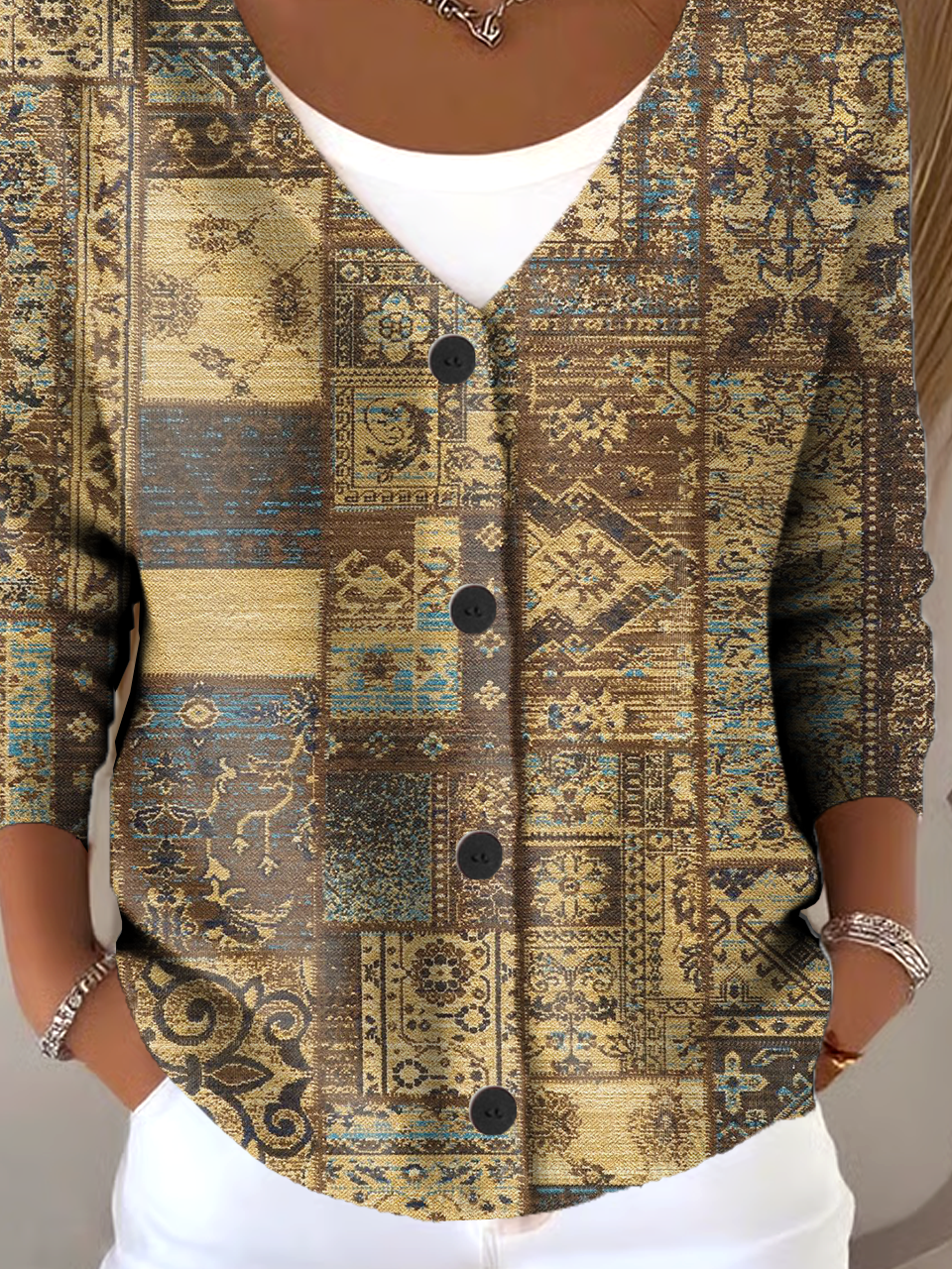 V Neck Multicolor Block Vintage Loose Cardigan