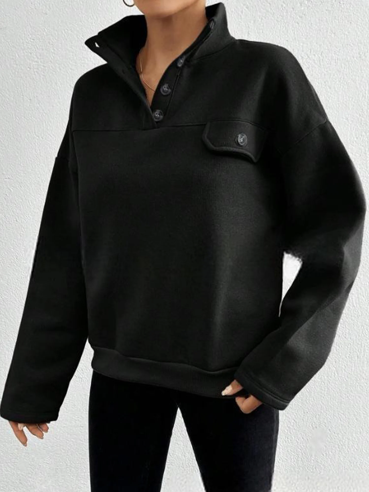 Casual Plain Stand Collar Regular Sleeve Sweatshirt