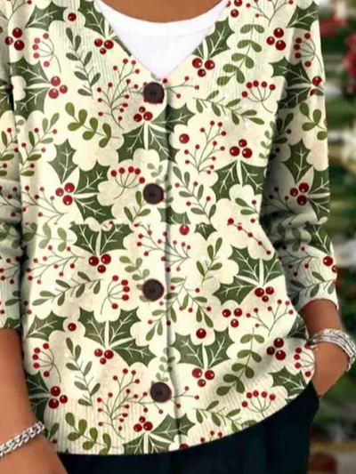 Women's Christmas Floral Print Casual Long Sleeve V-Neck Knitted Button Cardigan