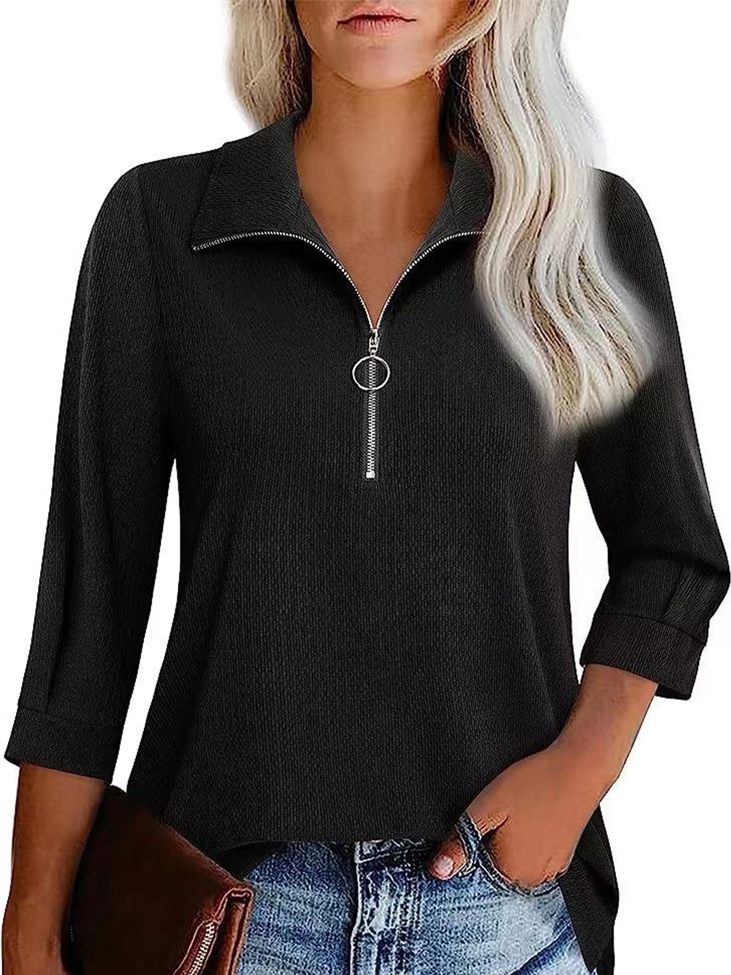 Casual Plain Zipper Polo Collar Blouse