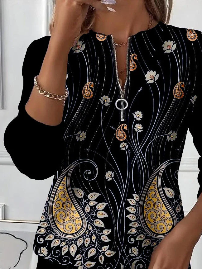 Women's Floral Print Casual Zip-Up Long Sleeve Sweatshirt