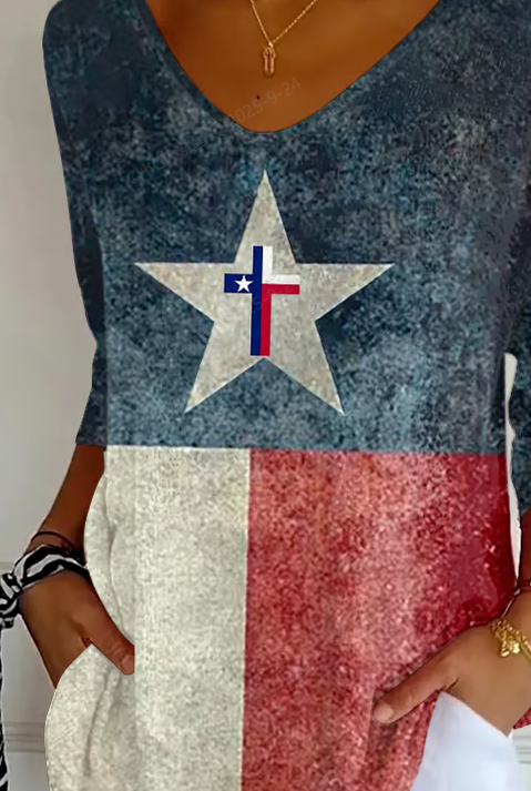 Women's Texas Flood Print Striped Fabric Casual V-Neck T-Shirt