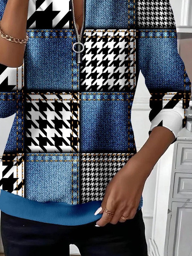 Women's Houndstooth Faux Denim Print Casual Zipper Long Sleeve Sweatshirt