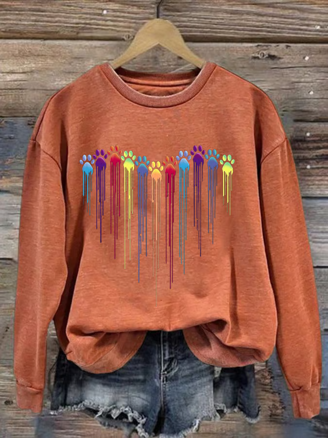 Women's Colorful Dog Heart Paw Print Casual Sweatshirt