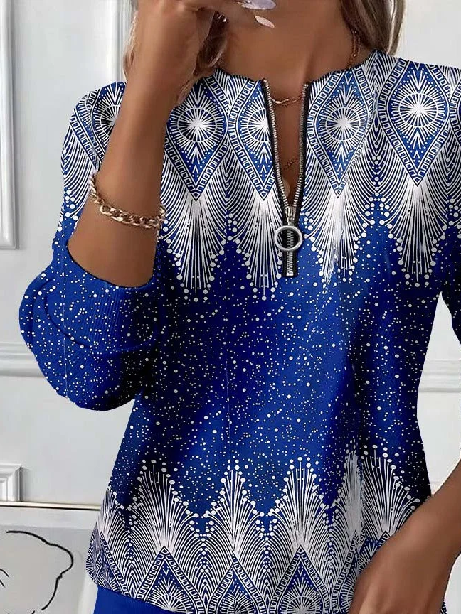 Women's Abstract Print Casual Zip-Up Long Sleeve Sweatshirt