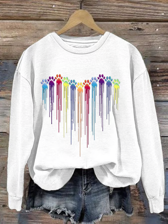 Women's Colorful Dog Heart Paw Print Casual Sweatshirt