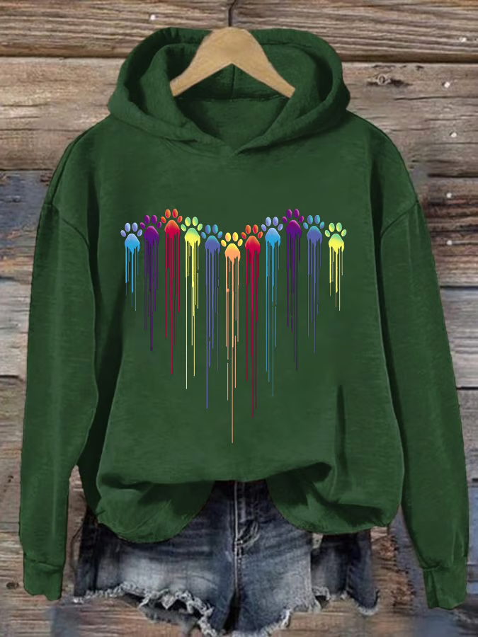 Women's Colorful Dog Heart Paw Print Casual Hoodie Sweatshirtd