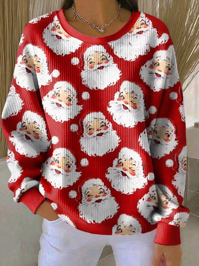 Women's Santa Print Casual Crew Neck Sweatshirt