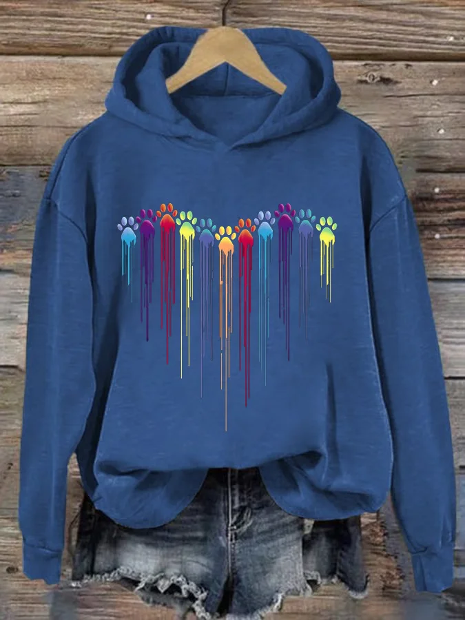 Women's Colorful Dog Heart Paw Print Casual Hoodie Sweatshirtd
