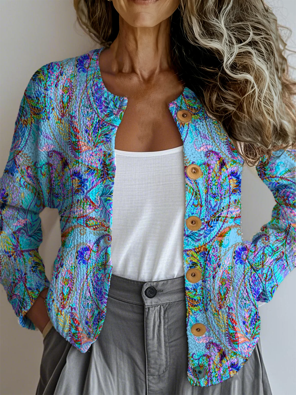 Crew Neck Knitted Ethnic Loose Cardigan