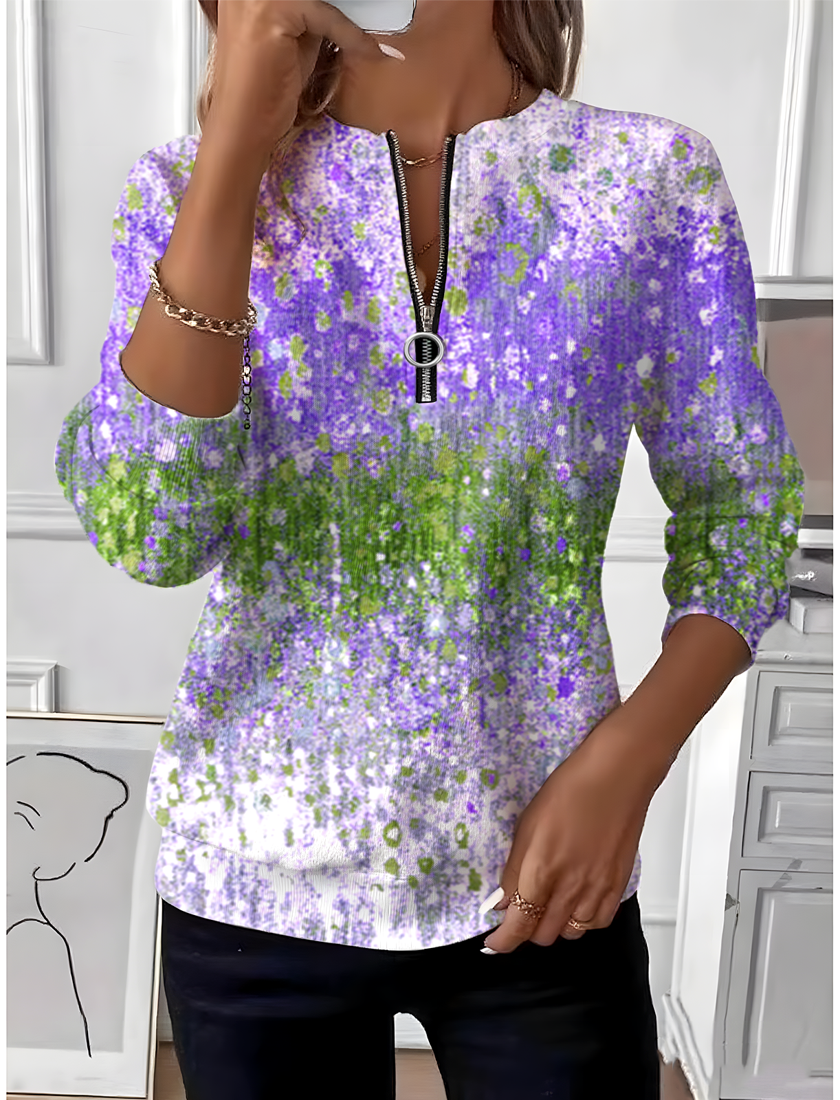 Gradient Pattern Simple Crew Neck Loose Sweatshirt