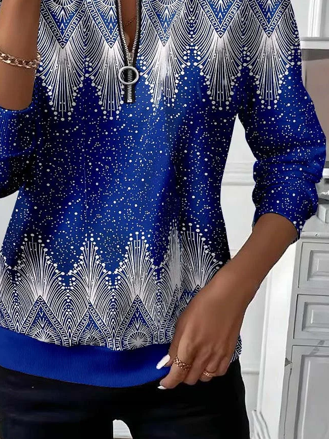 Women's Abstract Print Casual Zip-Up Long Sleeve Sweatshirt