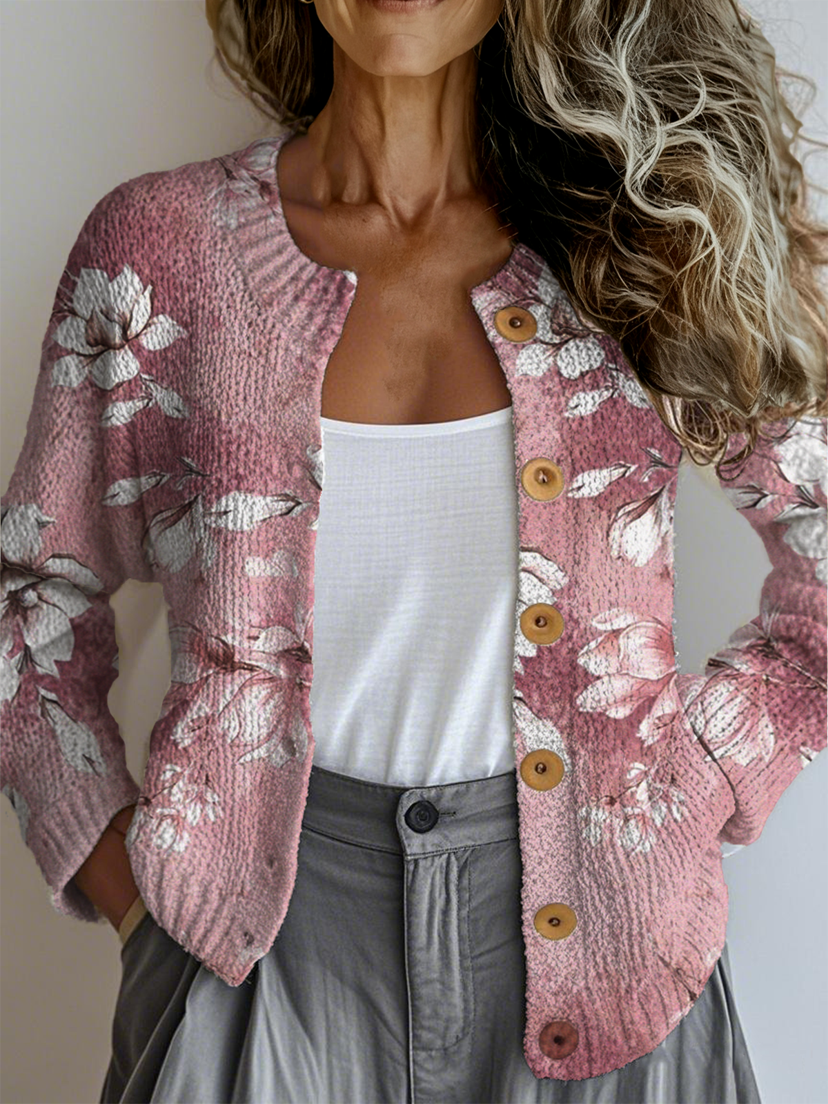 Floral Crew Neck Ethnic Loose Cardigan