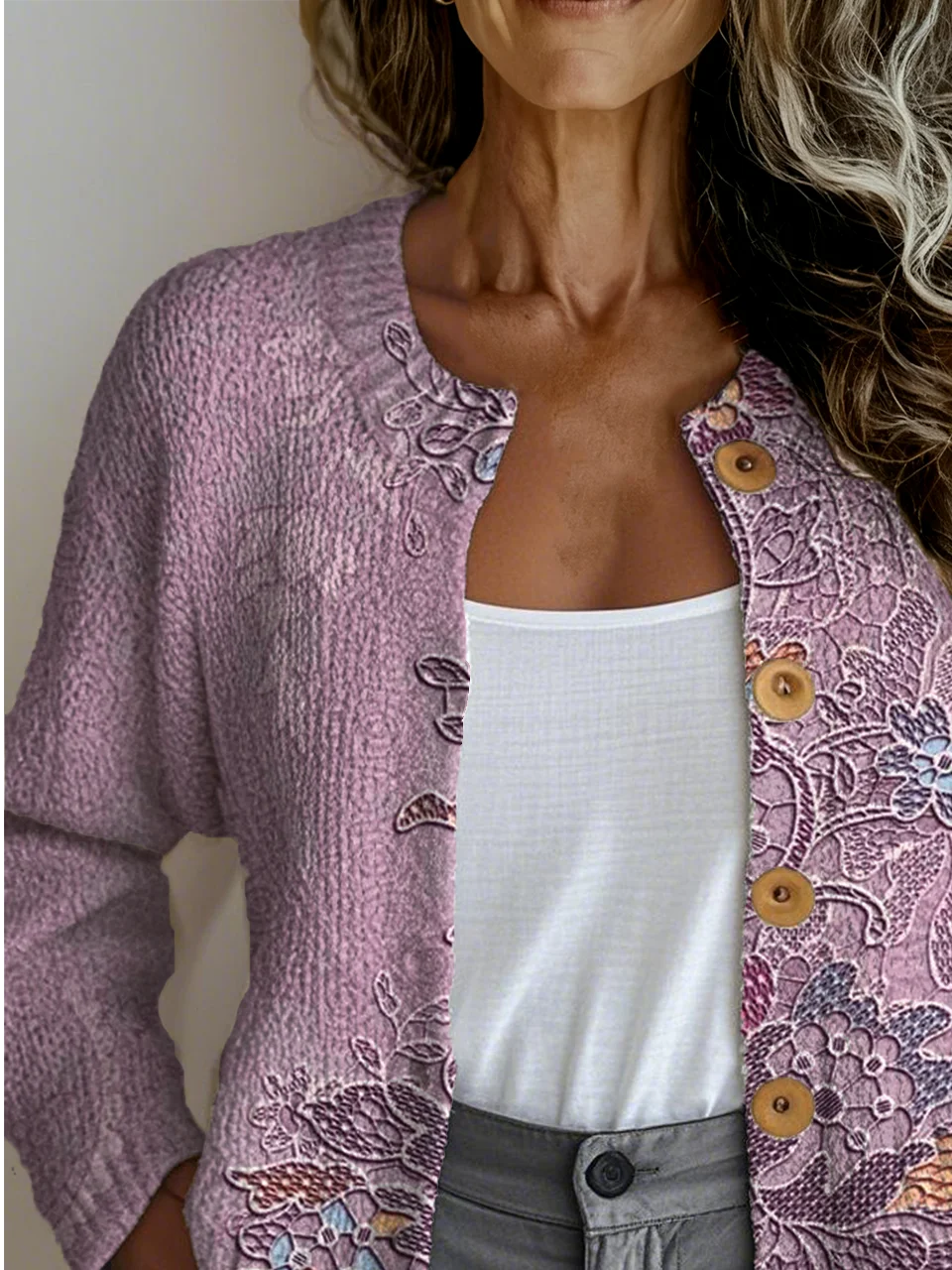 Crew Neck Floral Knitted Casual Cardigan