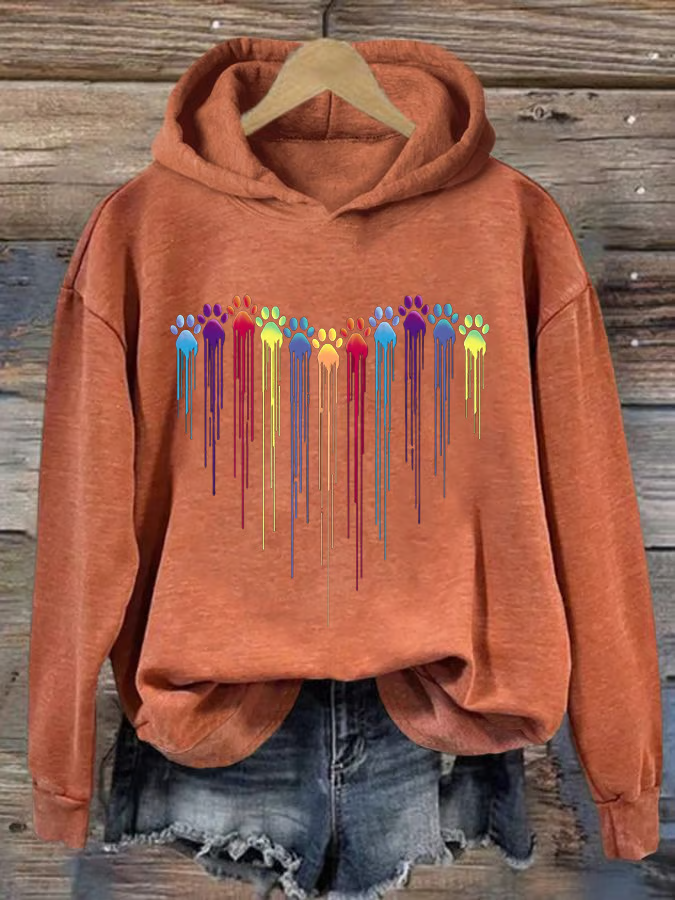 Women's Colorful Dog Heart Paw Print Casual Hoodie Sweatshirtd