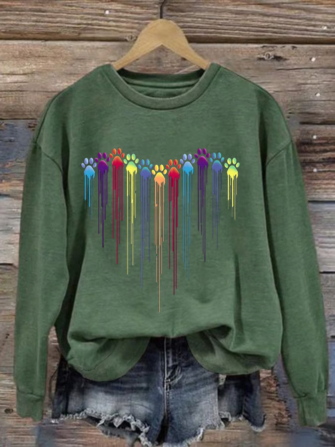Women's Colorful Dog Heart Paw Print Casual Sweatshirt