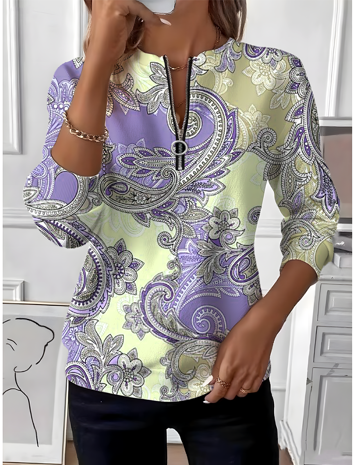 Simple Crew Neck Paisley Loose Sweatshirt