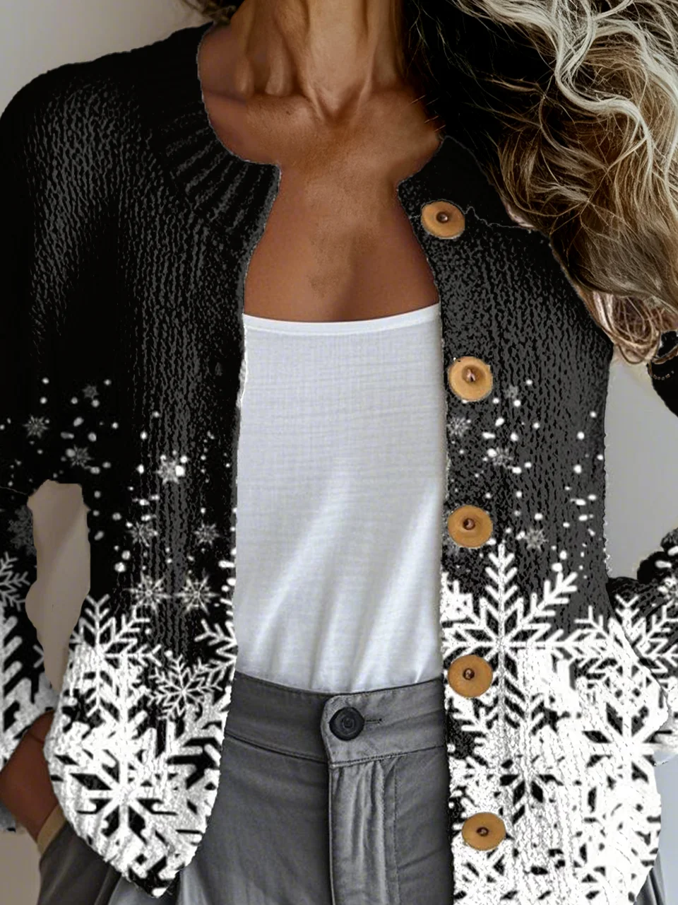 Ethnic Gradient Pattern Crew Neck Loose Cardigan