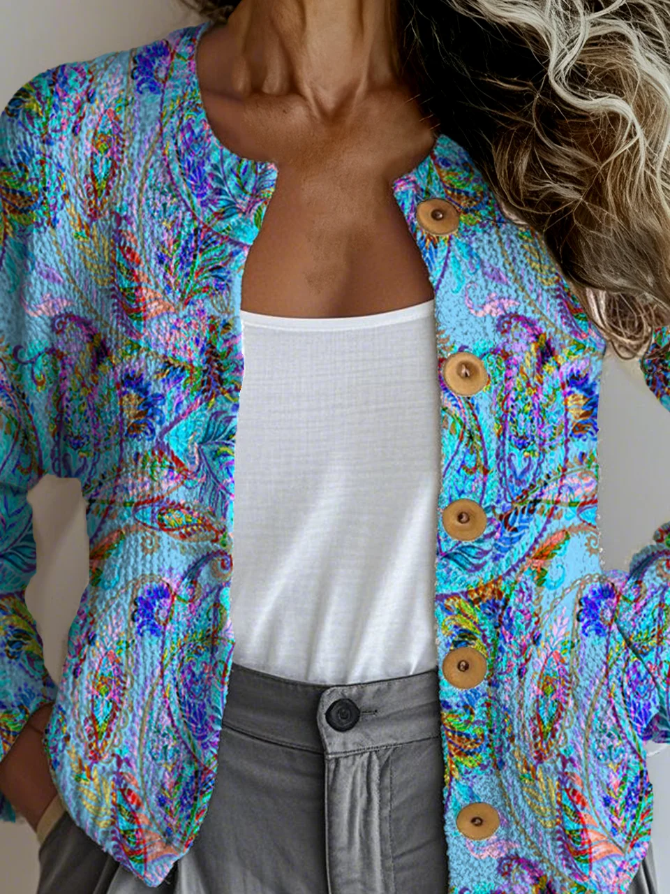 Crew Neck Knitted Ethnic Loose Cardigan