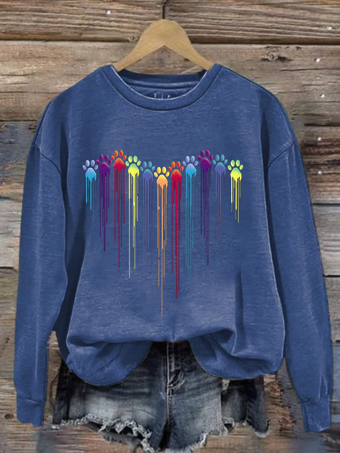 Women's Colorful Dog Heart Paw Print Casual Sweatshirt