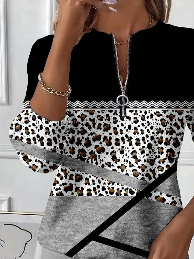 Women's Abstract Print Casual Zipper Long Sleeve Sweatshirt