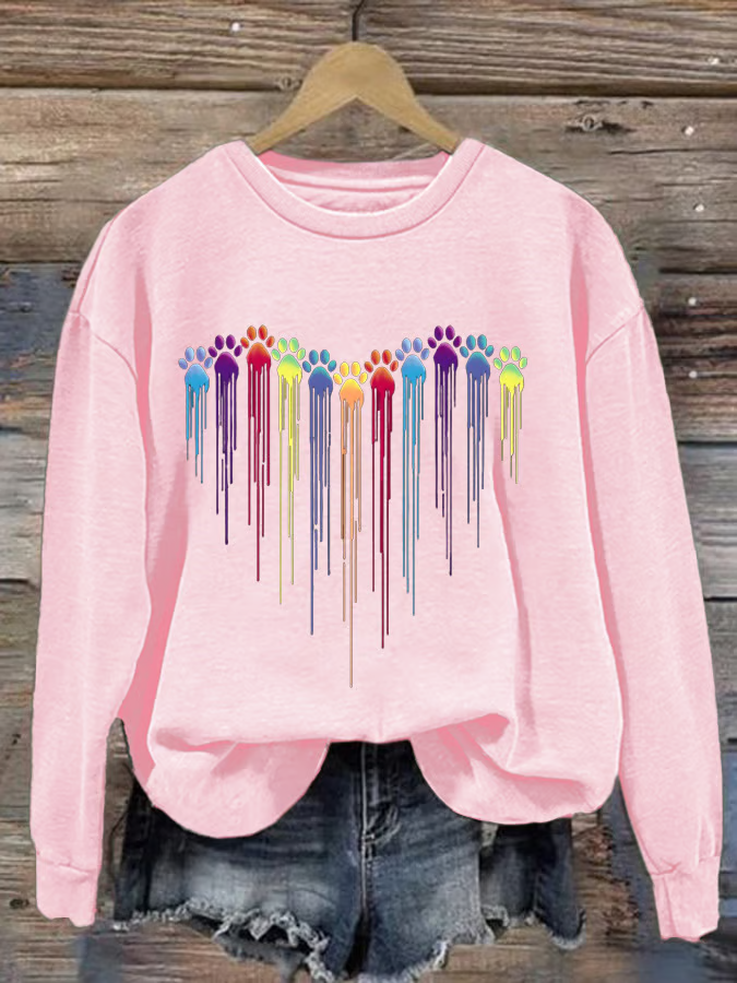 Women's Colorful Dog Heart Paw Print Casual Sweatshirt