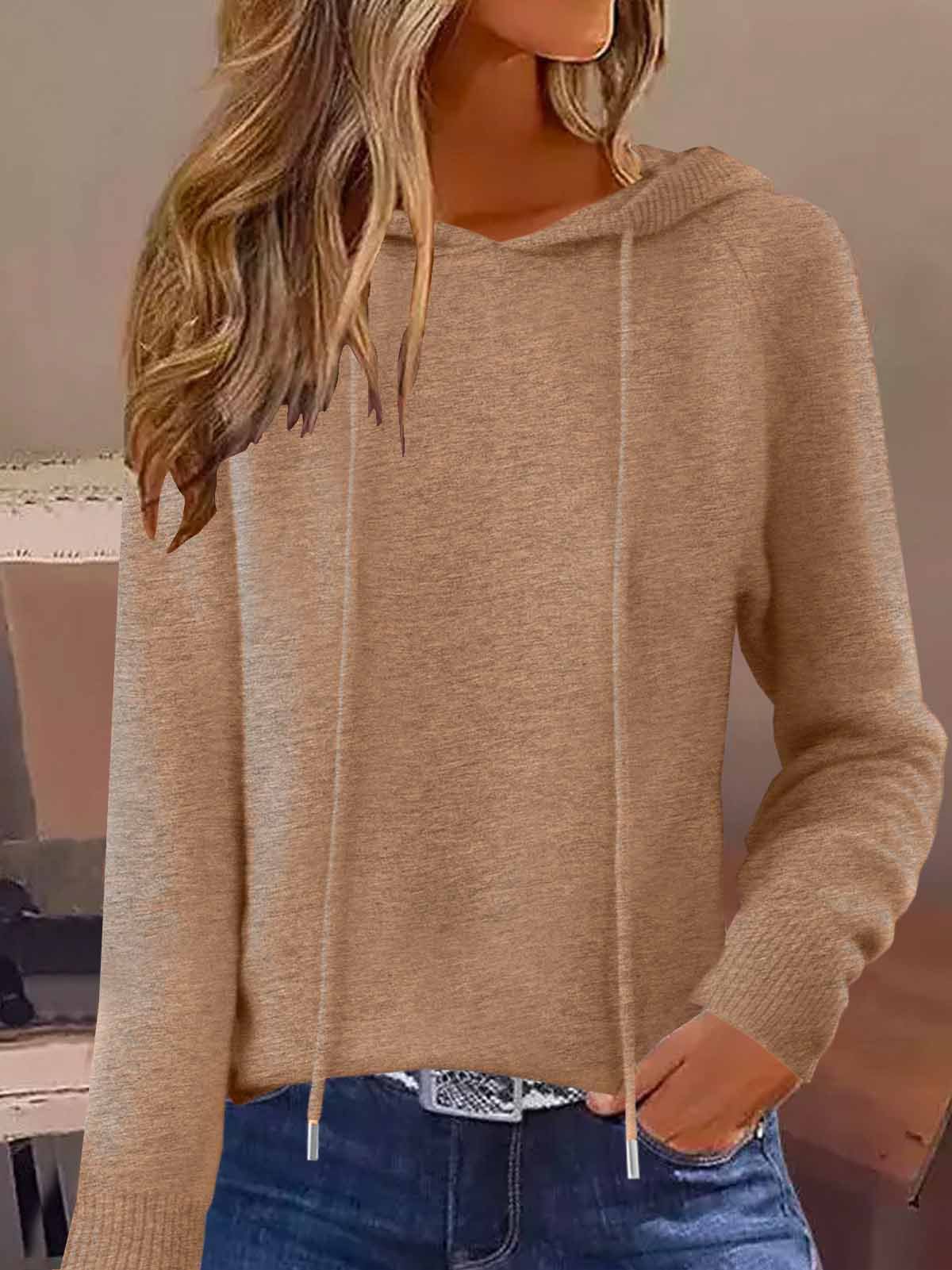 Women's Autumn And Winter Hooded Sweatshirt Solid Color Outer Wear Hooded Sweater Loose Drawstring Casual Style