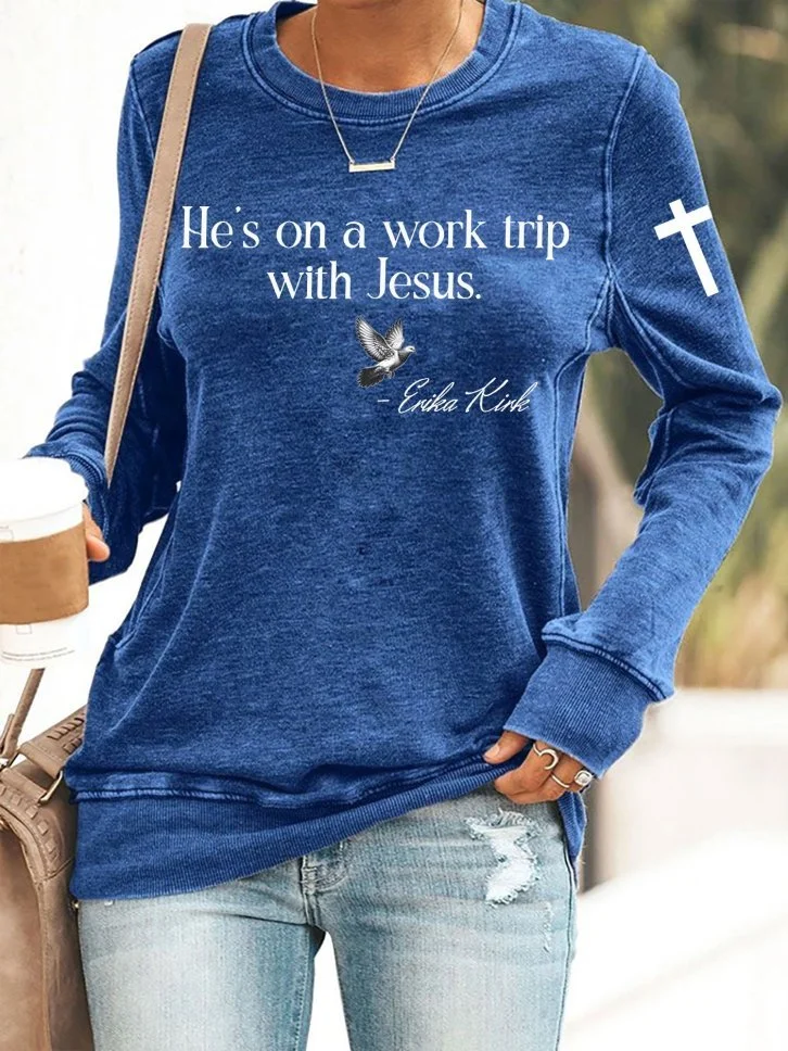 Women's Retro He's On A Work Trip With Jesus Print Sweatshirt