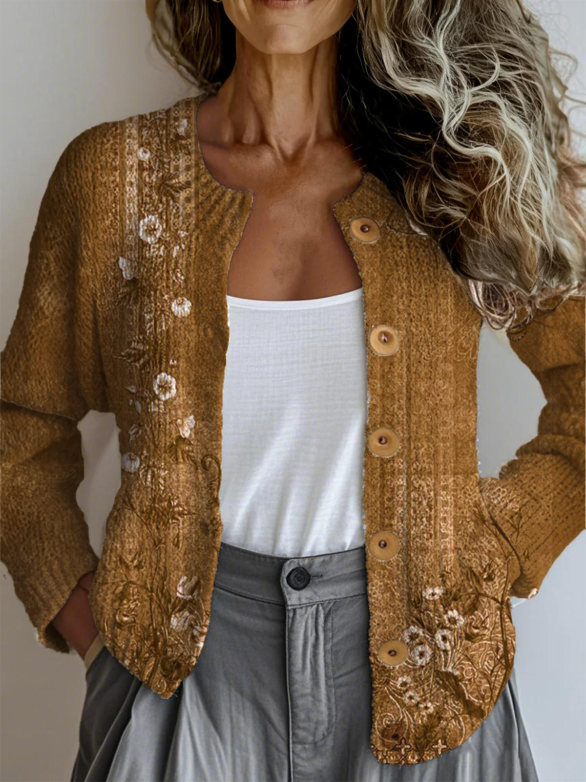 Vintage Knitted Loose Crew Neck Cardigan