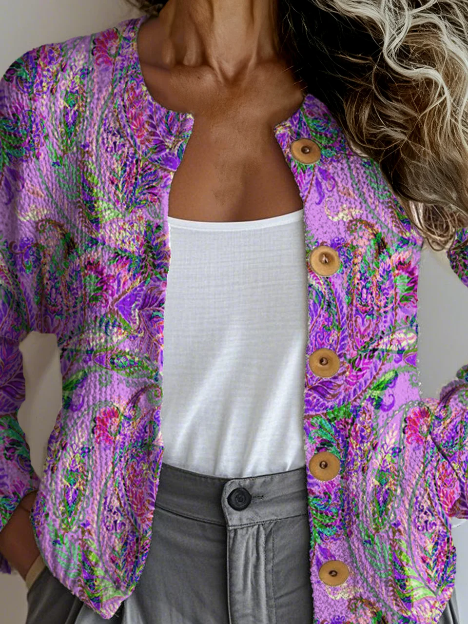Crew Neck Knitted Ethnic Loose Cardigan